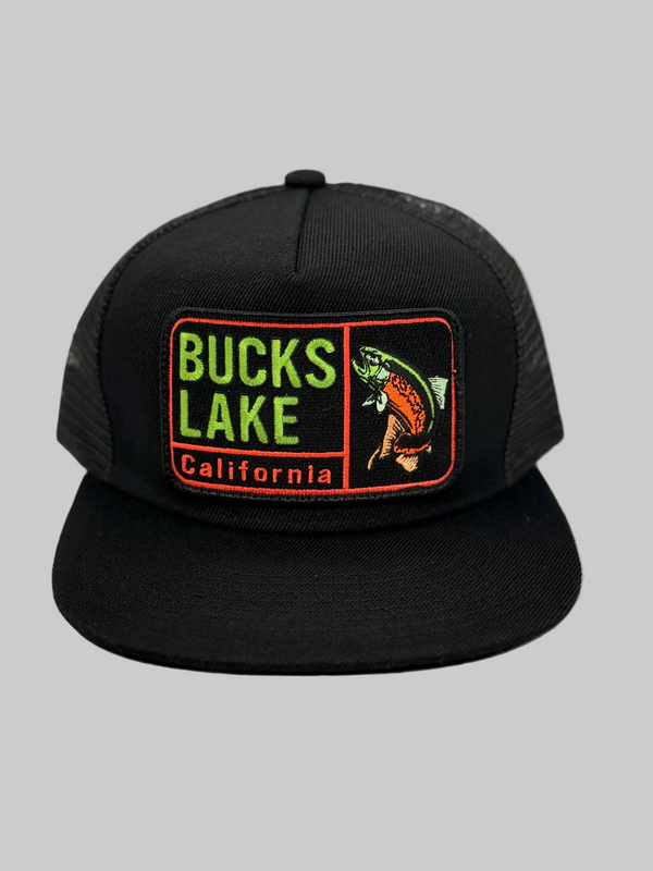 Black cap with 'Bucks Lake California' patch on a white background