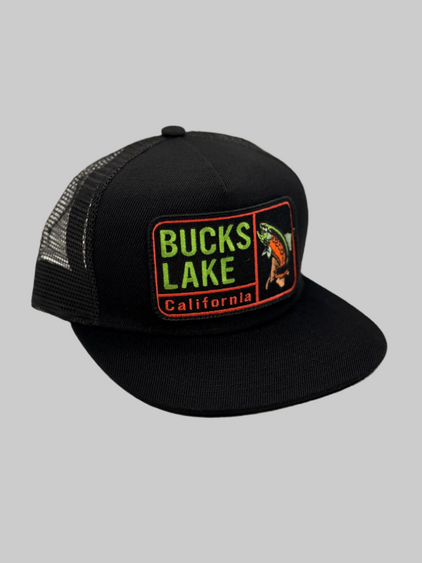 Black trucker hat with 'Bucks Lake California' logo on a white background
